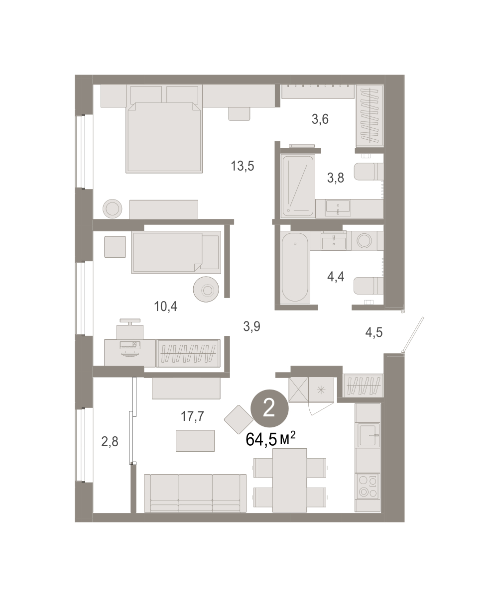 Планировка: 2-комнатная 64.5 м² в ЖК Октябрьский на Туре, ДОК