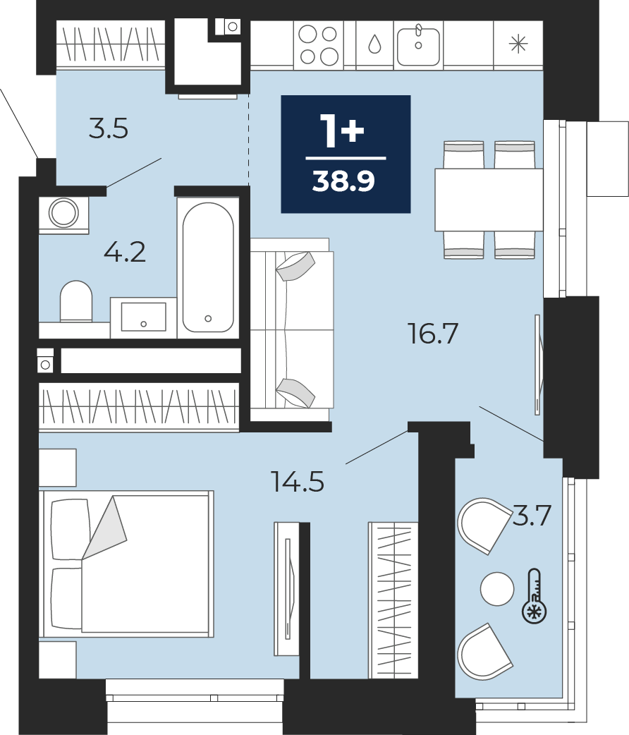 Планировка: Евродвушка 43.2 м² в ЖК Мириады, Мыс