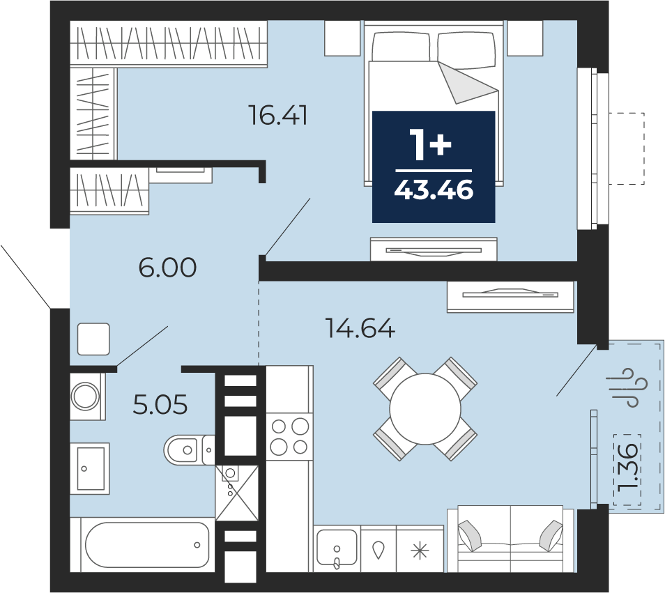 Планировка: Евродвушка 43.5 м² в ЖК Мириады, Мыс