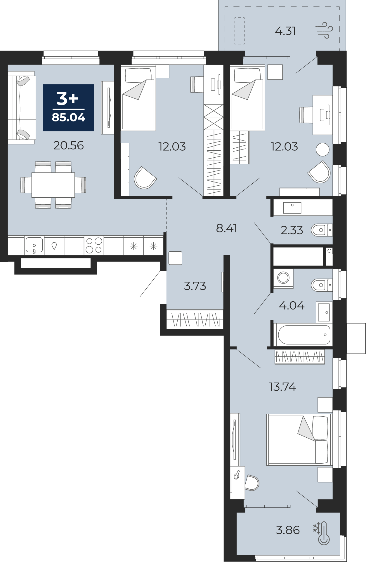 Планировка: 4-комнатная евро 85 м² в ЖК Мириады, Мыс