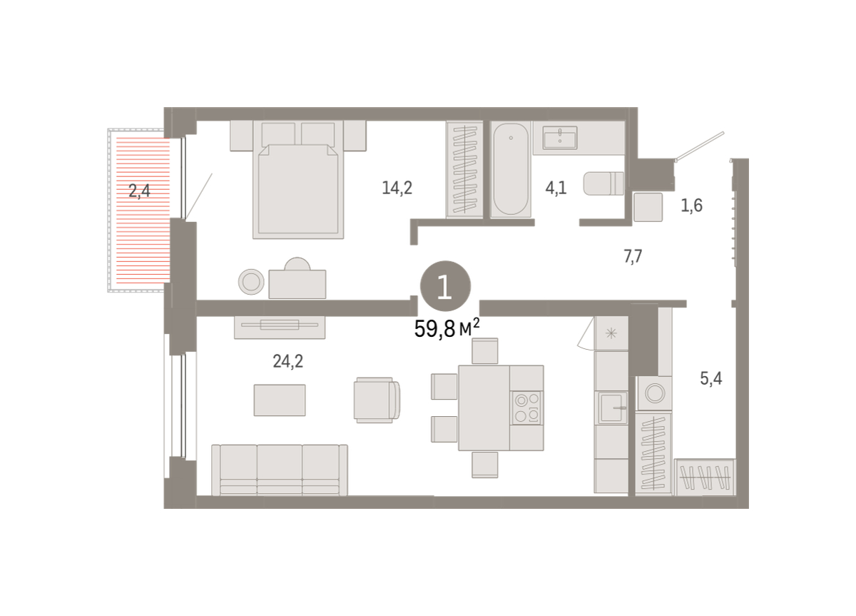 Планировка: Евродвушка 59.8 м² в ЖК Зарека, Заречный