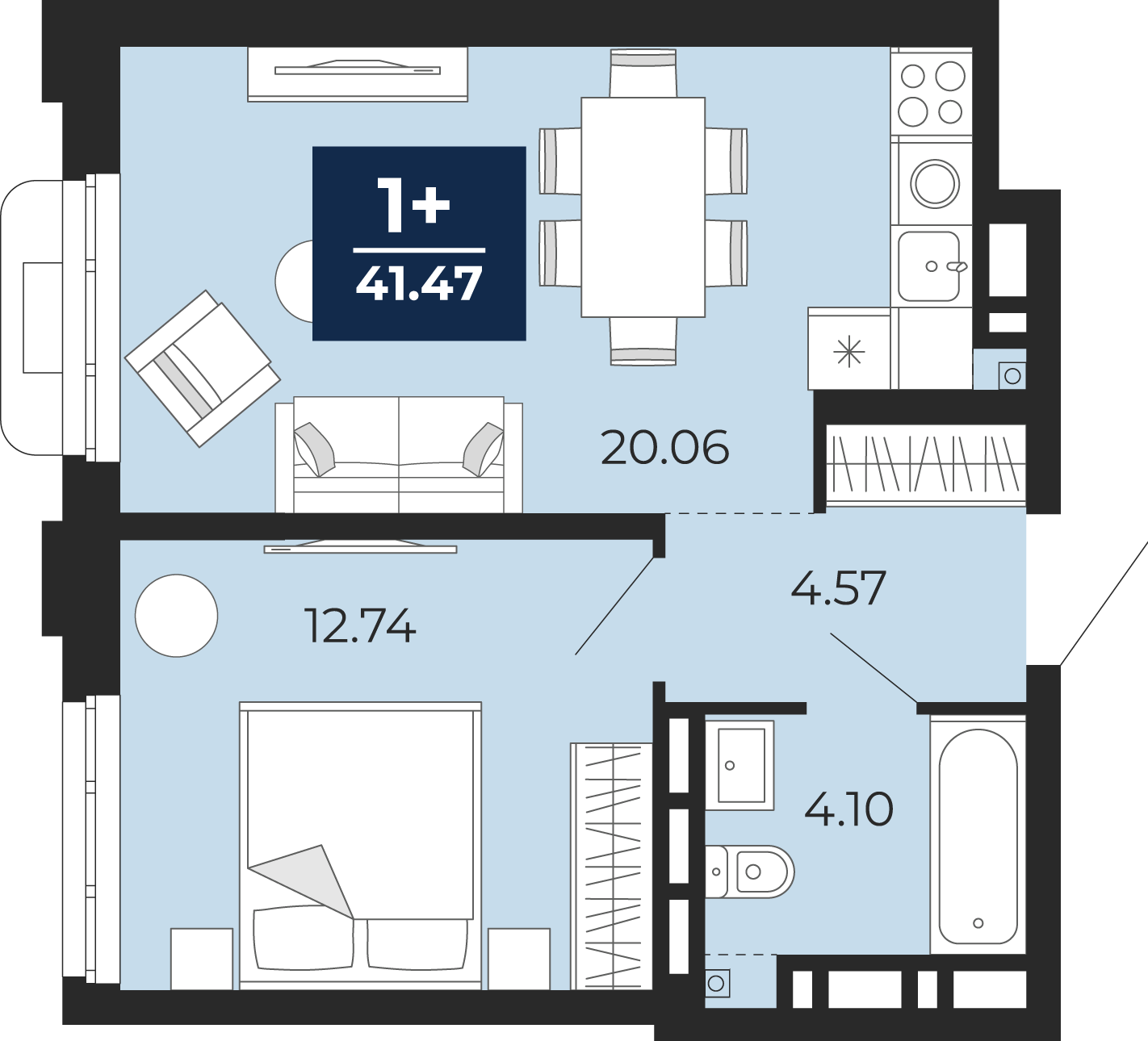 Планировка: Евродвушка 41.5 м² в ЖК Айвазовский, 5-й Заречный