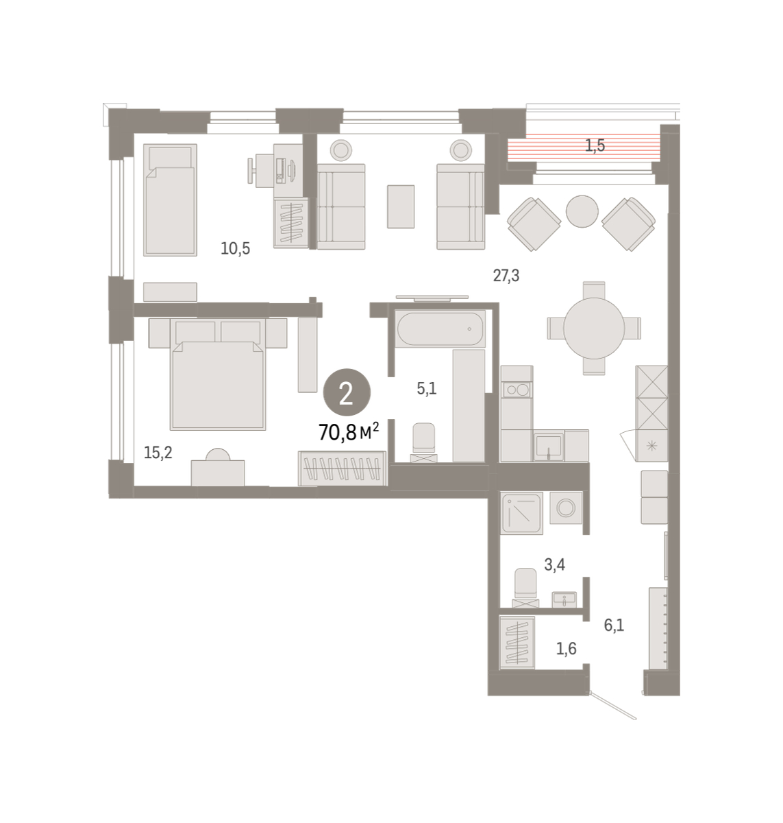 Планировка: Евротрешка 70.8 м² в ЖК Зарека, Заречный