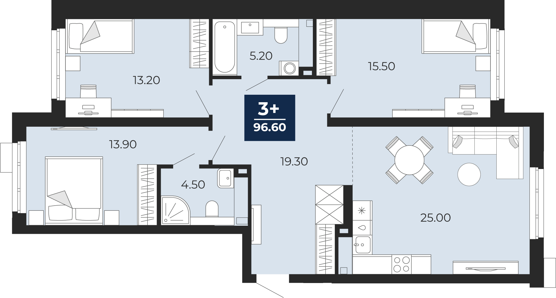 Планировка: 4-комнатная евро 96.6 м² в ЖК Айвазовский, 5-й Заречный