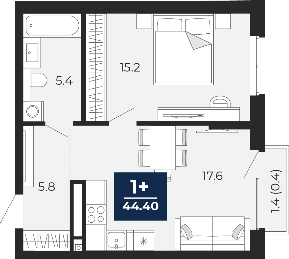 Планировка: Евродвушка 45.4 м² в ЖК Мириады, Мыс
