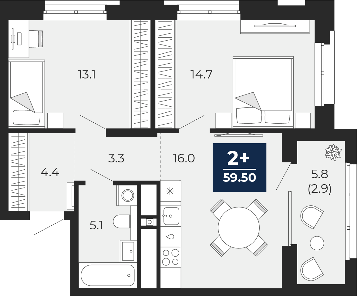 Планировка: 2-комнатная 62.4 м² в ЖК Мириады, Мыс