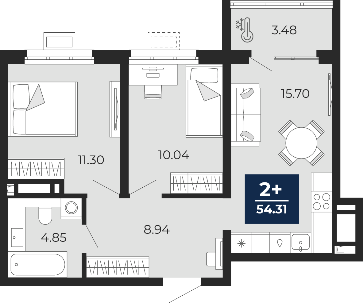 Планировка: Евротрешка 54.3 м² в ЖК Беринг, Лесобаза