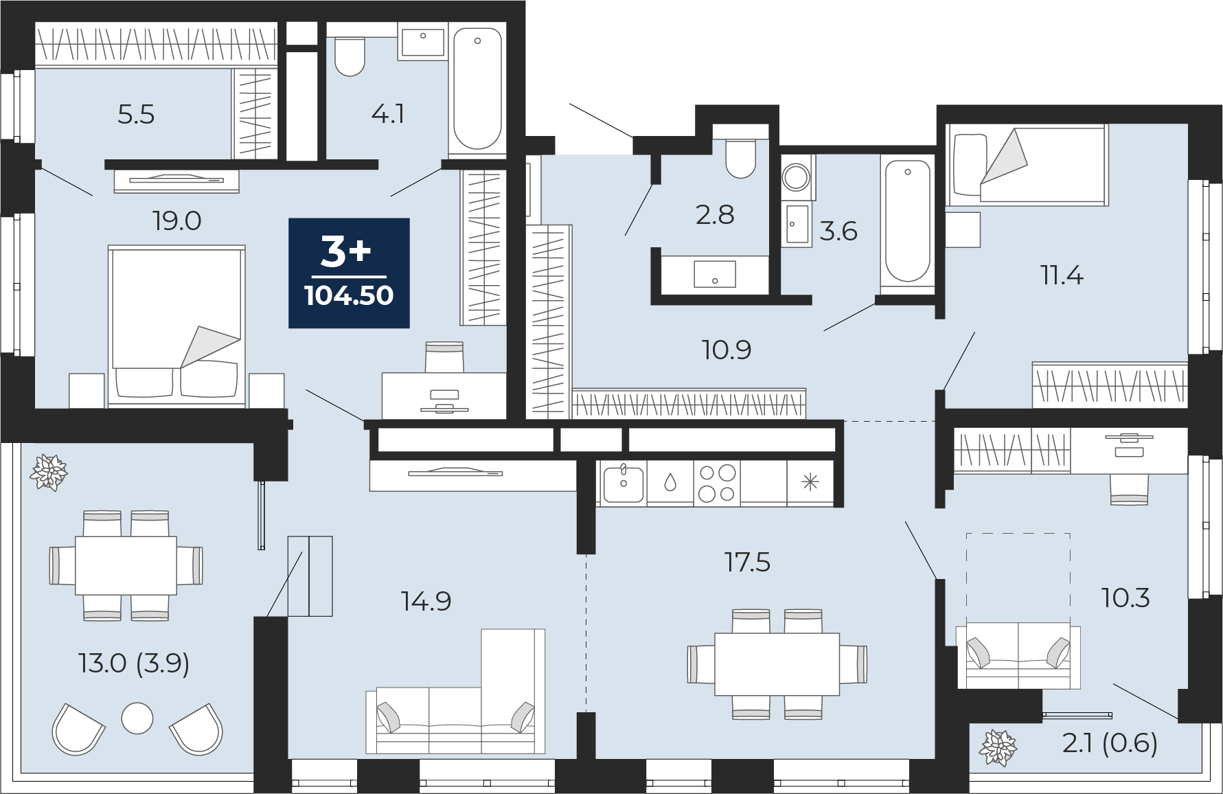 Планировка: 4-комнатная евро 115.1 м² в ЖК Мириады, Мыс