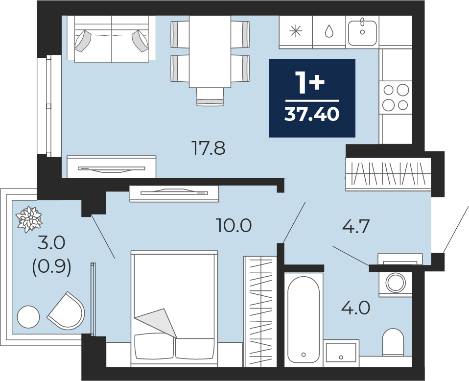 Планировка: Евродвушка 39.5 м² в ЖК Мириады, Мыс