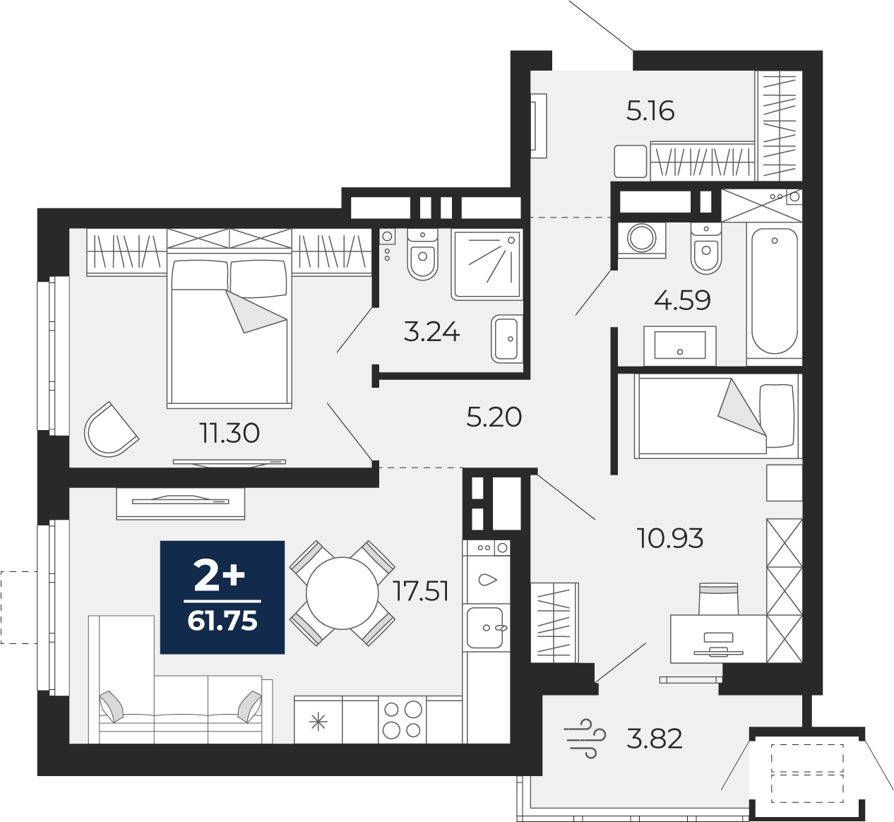 Планировка: Евротрешка 61.8 м² в ЖК Мириады, Мыс