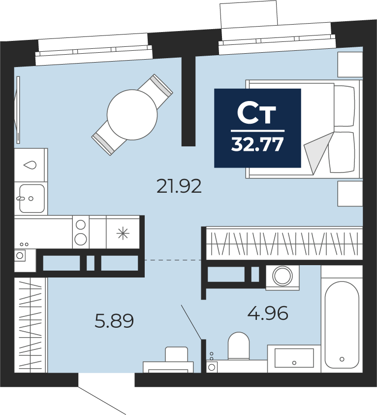 Планировка: Студия 32.8 м² в ЖК Прео, Тюменская слобода
