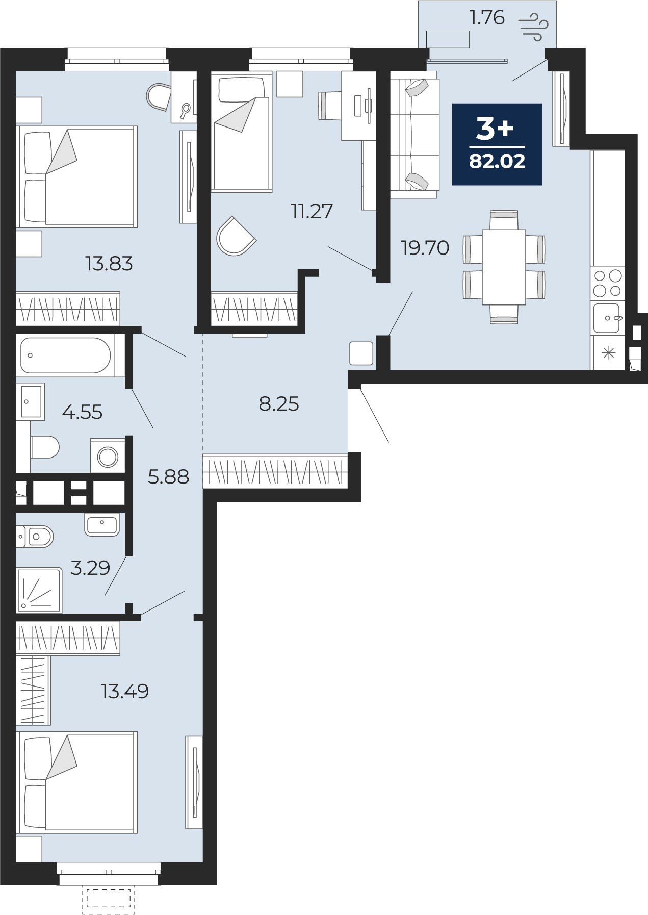 Планировка: 4-комнатная евро 82 м² в ЖК Беринг, Лесобаза