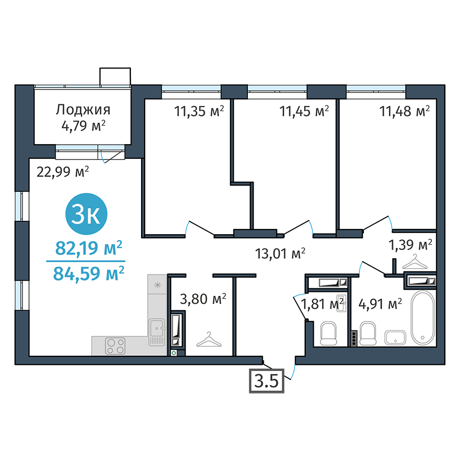 Планировка: 4-комнатная евро 82.2 м² в ЖК DOK, ДОК