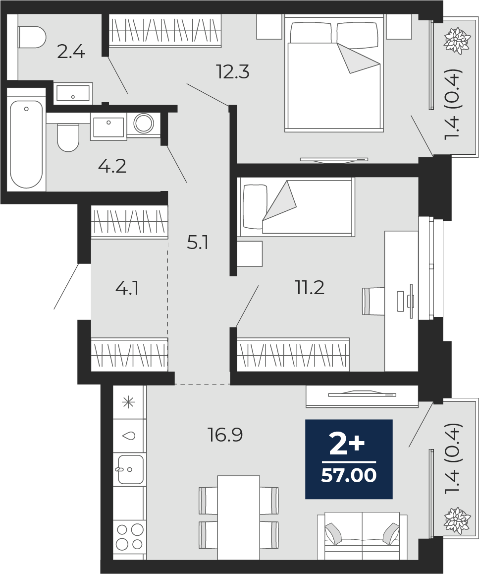 Планировка: Евротрешка 59 м² в ЖК Мириады, Мыс