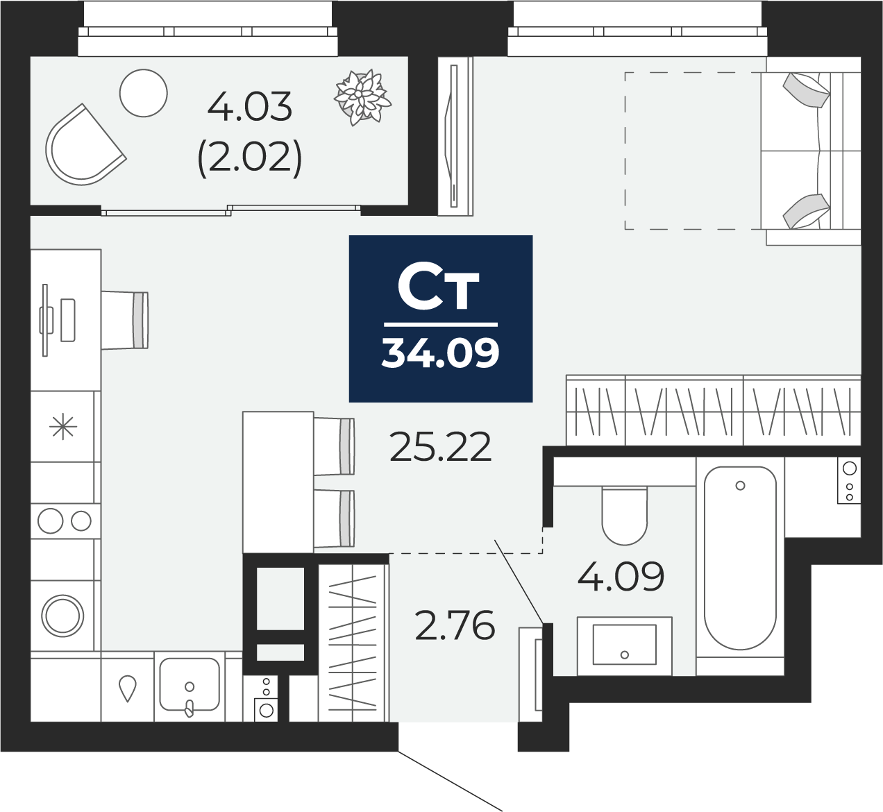 Планировка: Студия 36.1 м² в ЖК Беринг, Лесобаза