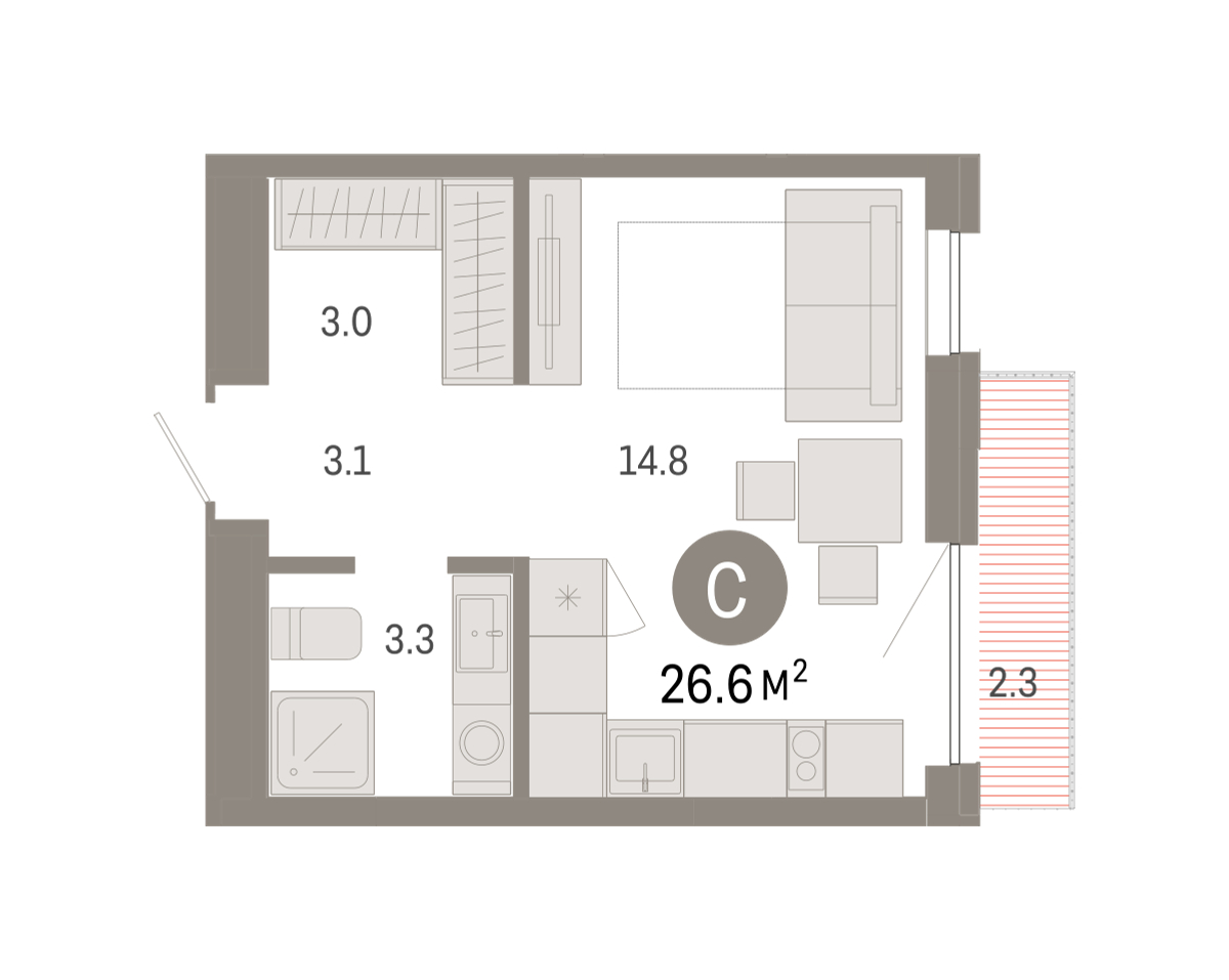 Планировка: Студия 26.6 м² в ЖК Октябрьский на Туре, ДОК