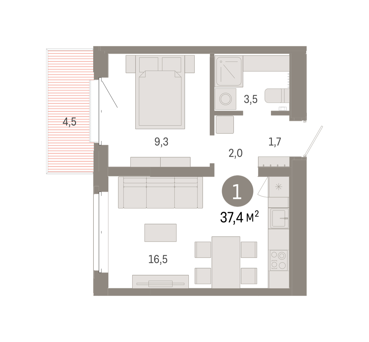 Планировка: 1-комнатная 37.4 м² в ЖК На Минской, Центр: Драмтеатр