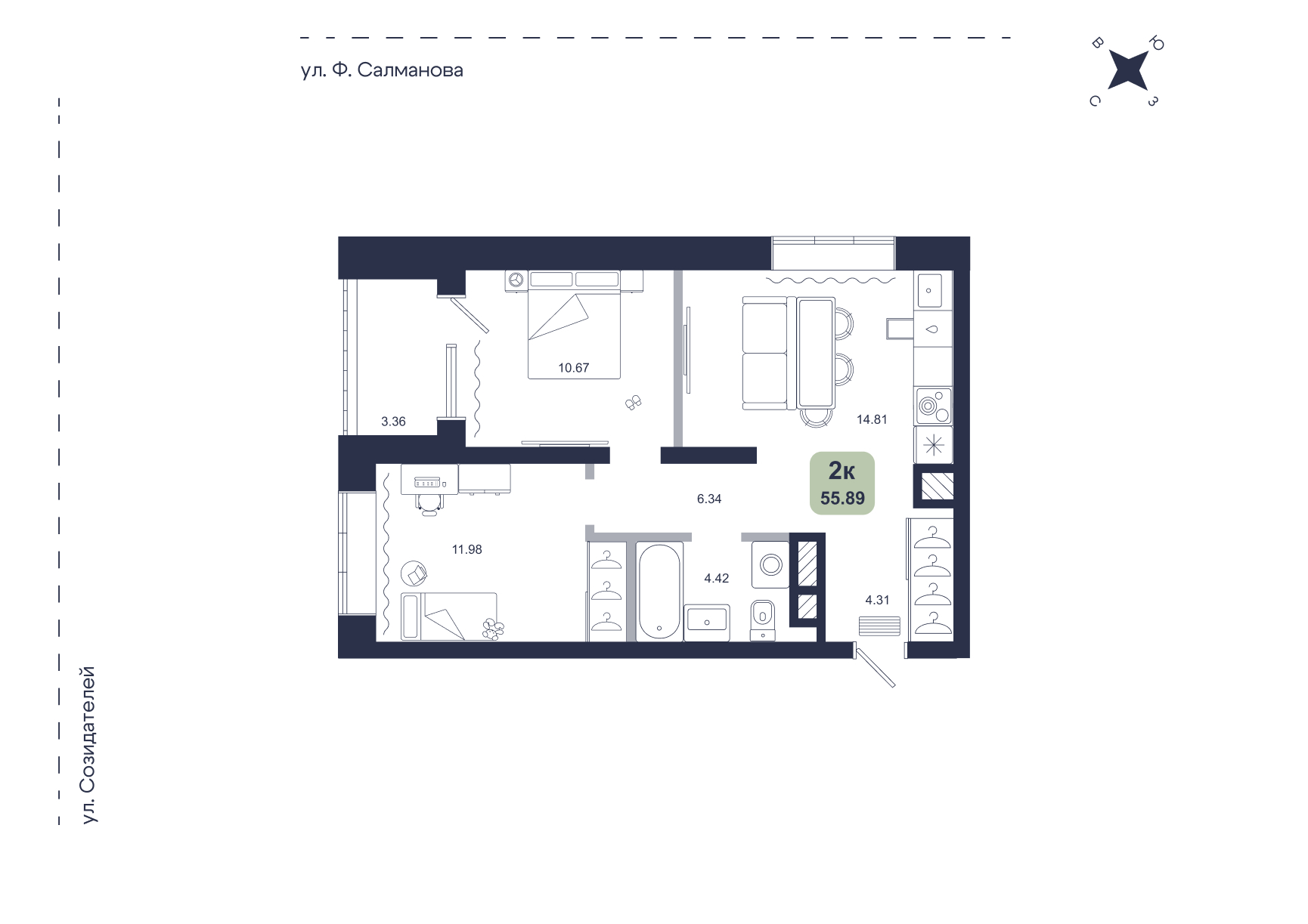 Планировка: Евротрешка 55.9 м² в ЖК Хито, От Слободы до Комарово парк