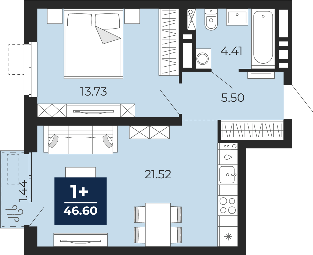 Планировка: Евродвушка 46.6 м² в ЖК Мириады, Мыс