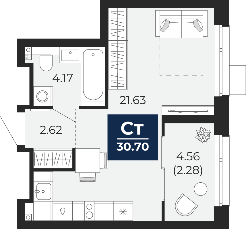 Планировка: Студия 33 м² в ЖК Беринг, Лесобаза