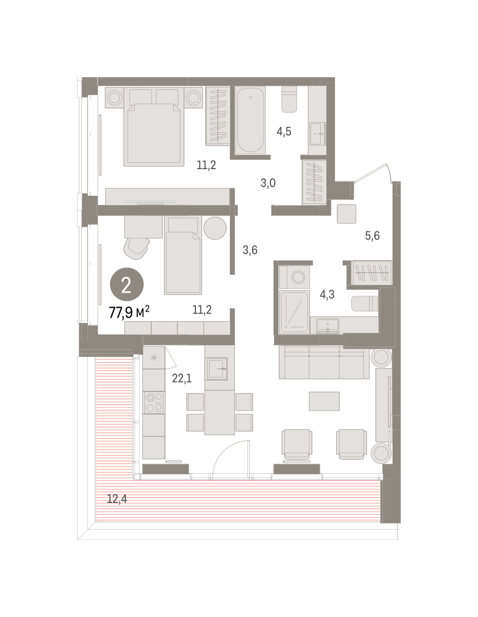 Планировка: 2-комнатная 77.8 м² в ЖК На Минской, Центр: Драмтеатр