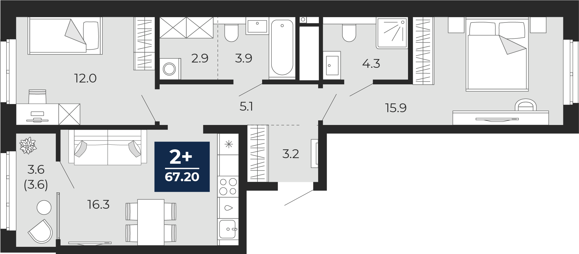 Планировка: Евротрешка 67.2 м² в ЖК Мириады, Мыс