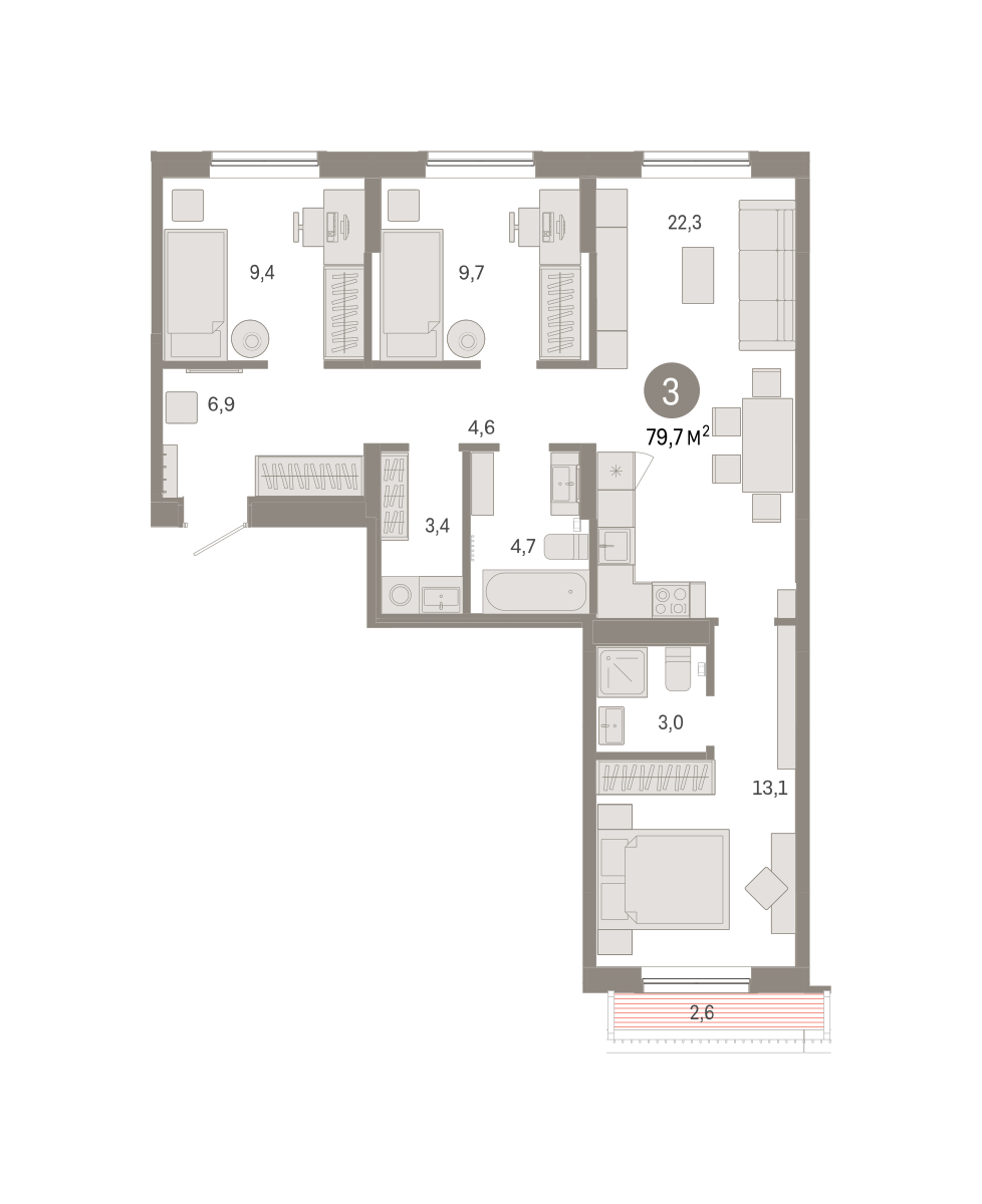 Планировка: 4-комнатная евро 79.7 м² в ЖК Октябрьский на Туре, ДОК