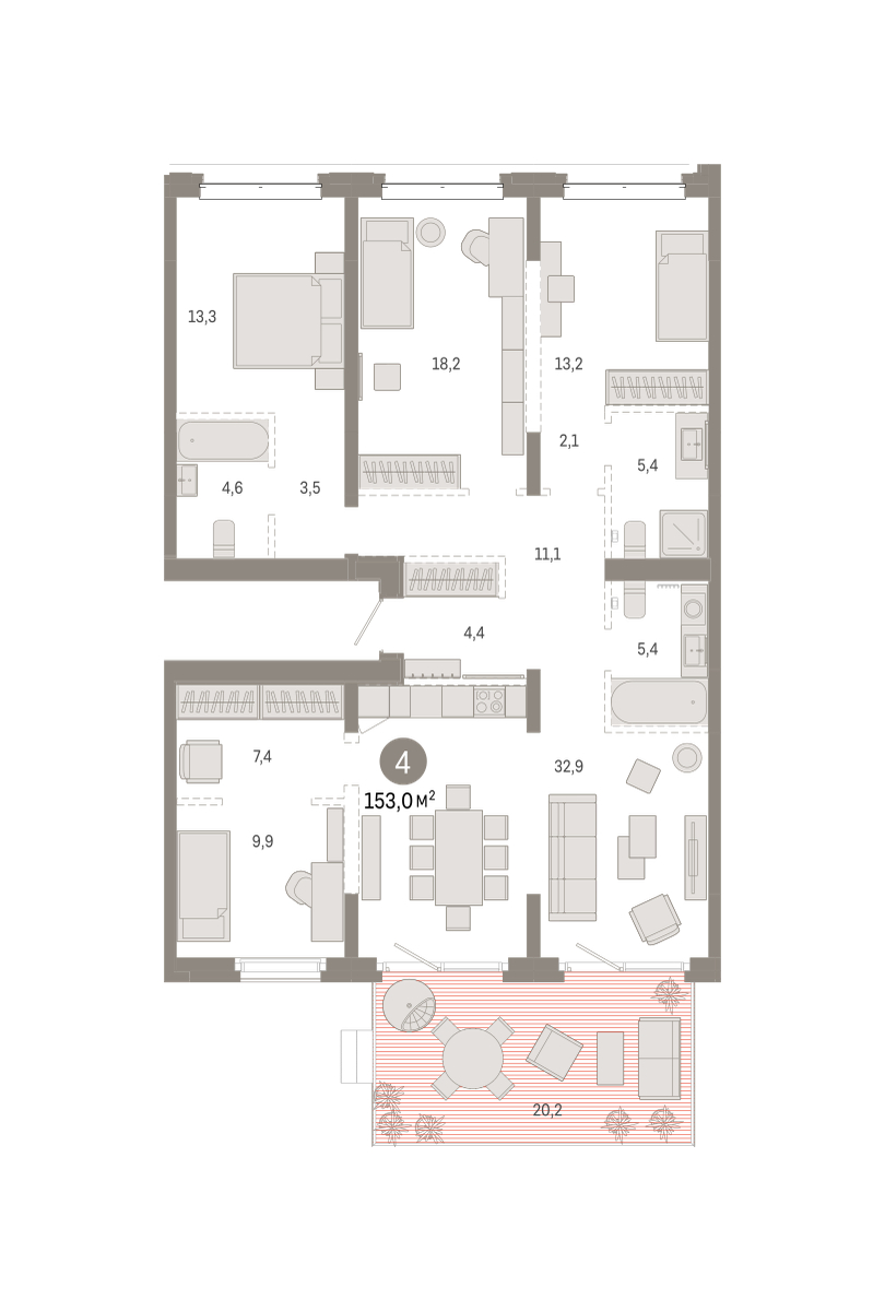 Планировка: 5-комнатная евро 152.9 м² в ЖК На Минской, Центр: Драмтеатр