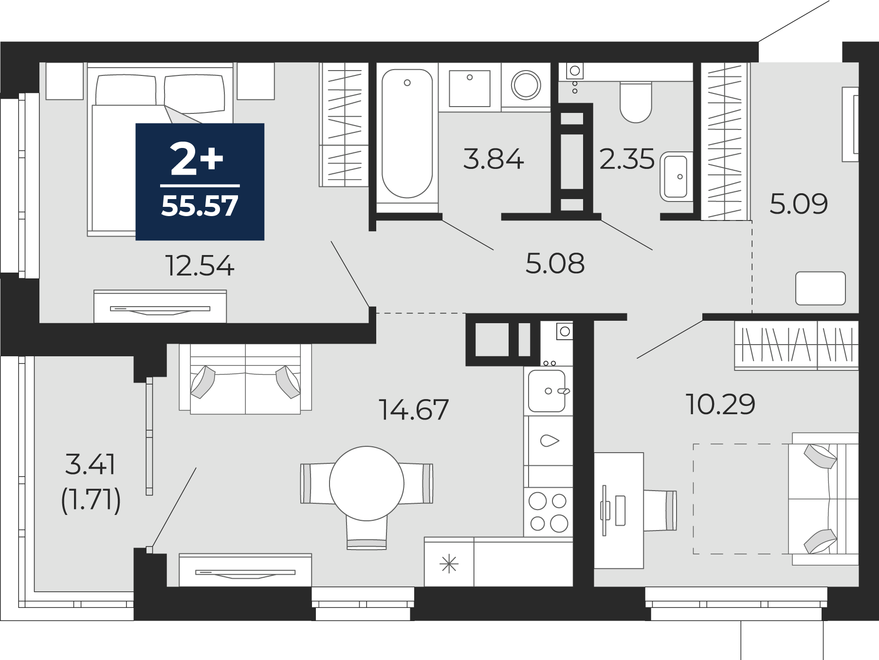 Планировка: Евротрешка 57.7 м² в ЖК Прео, Тюменская слобода