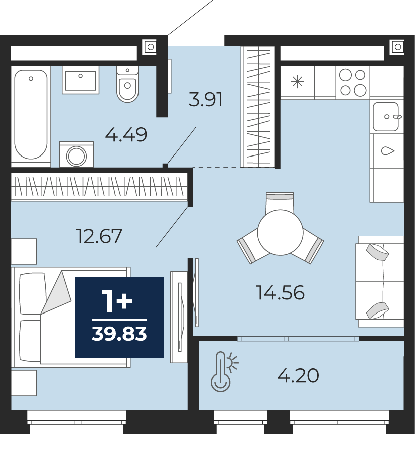 Планировка: Евродвушка 39.8 м² в ЖК Мириады, Мыс