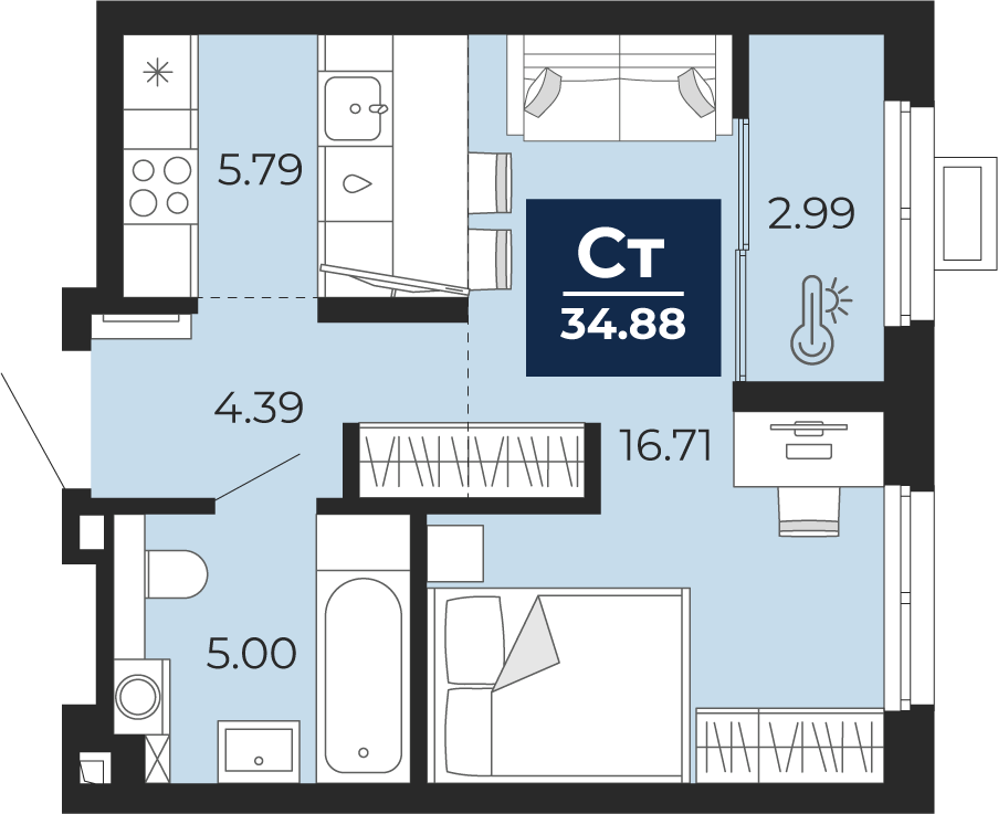 Планировка: Студия 34.9 м² в ЖК Беринг, Лесобаза