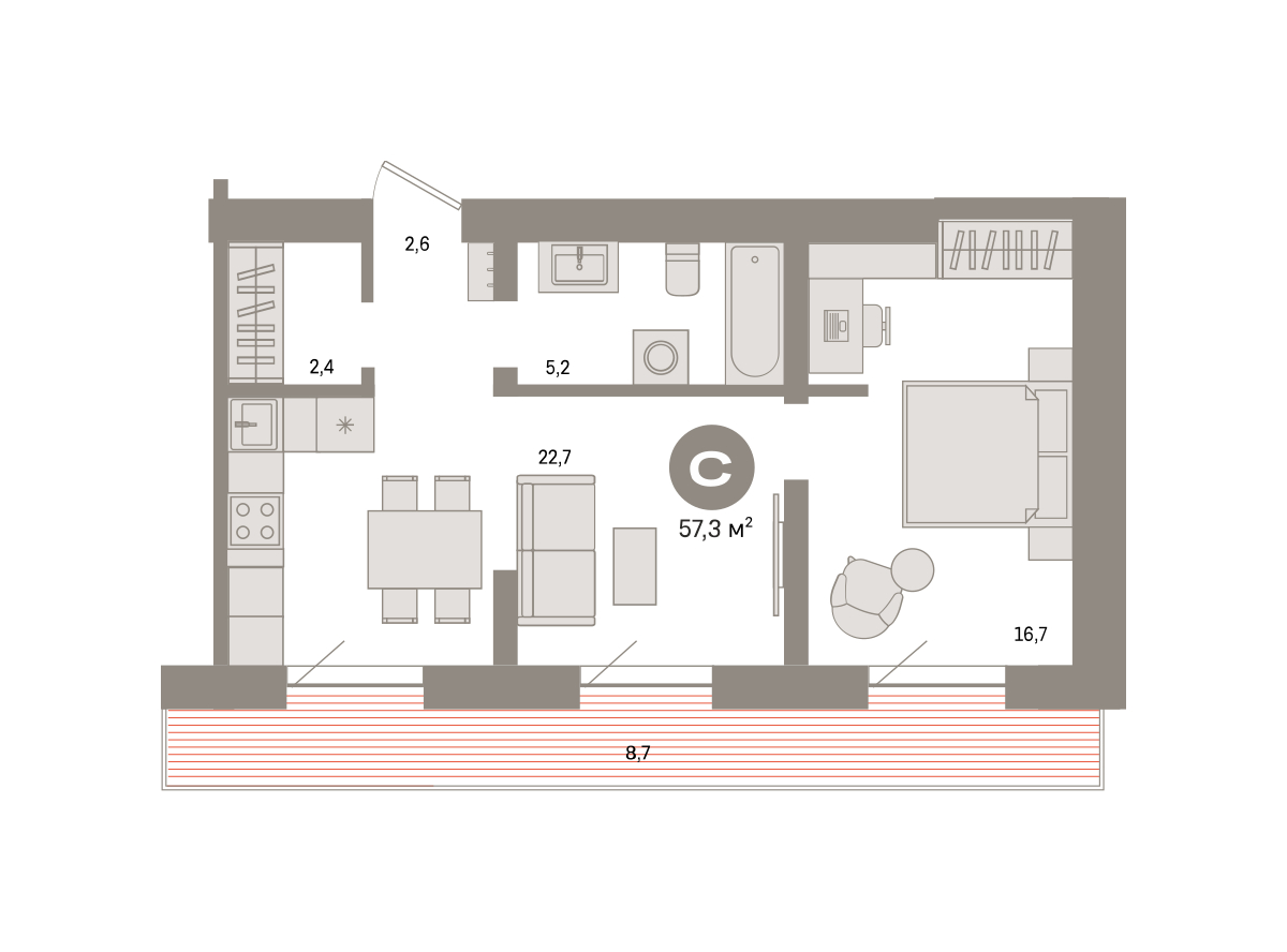 Планировка: Евродвушка 57.3 м² в ЖК Речной порт, Центр: Дом печати