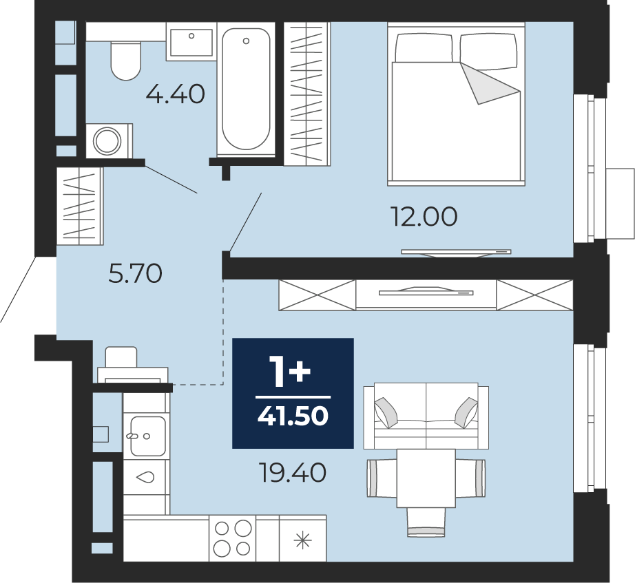 Планировка: Евродвушка 41.5 м² в ЖК Айвазовский, 5-й Заречный