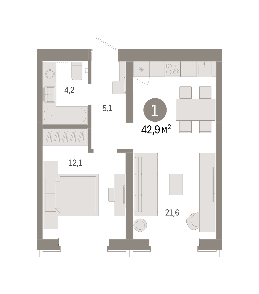 Планировка: 1-комнатная 42.9 м² в ЖК На Минской, Центр: Драмтеатр
