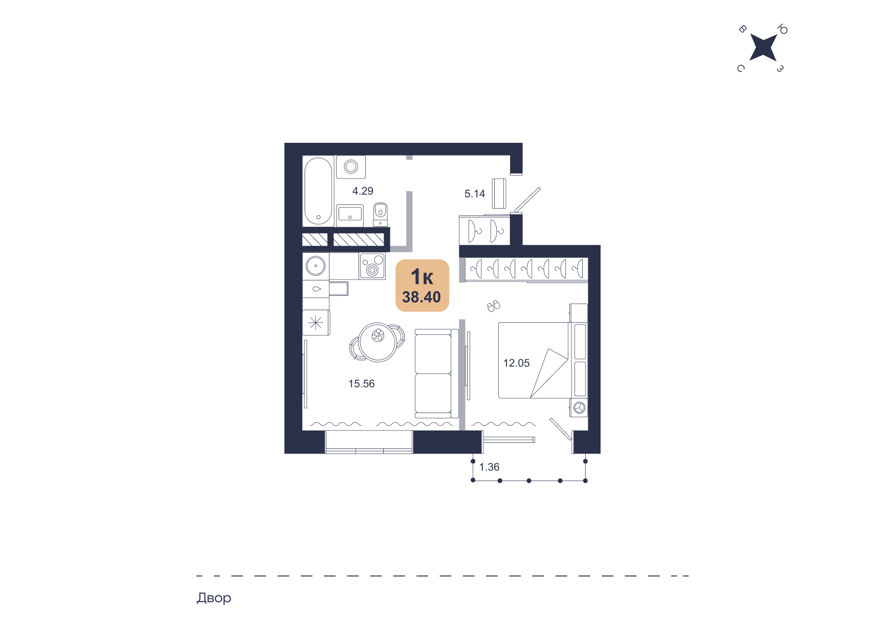 Планировка: Евродвушка 38.4 м² в ЖК Хито, От Слободы до Комарово парк