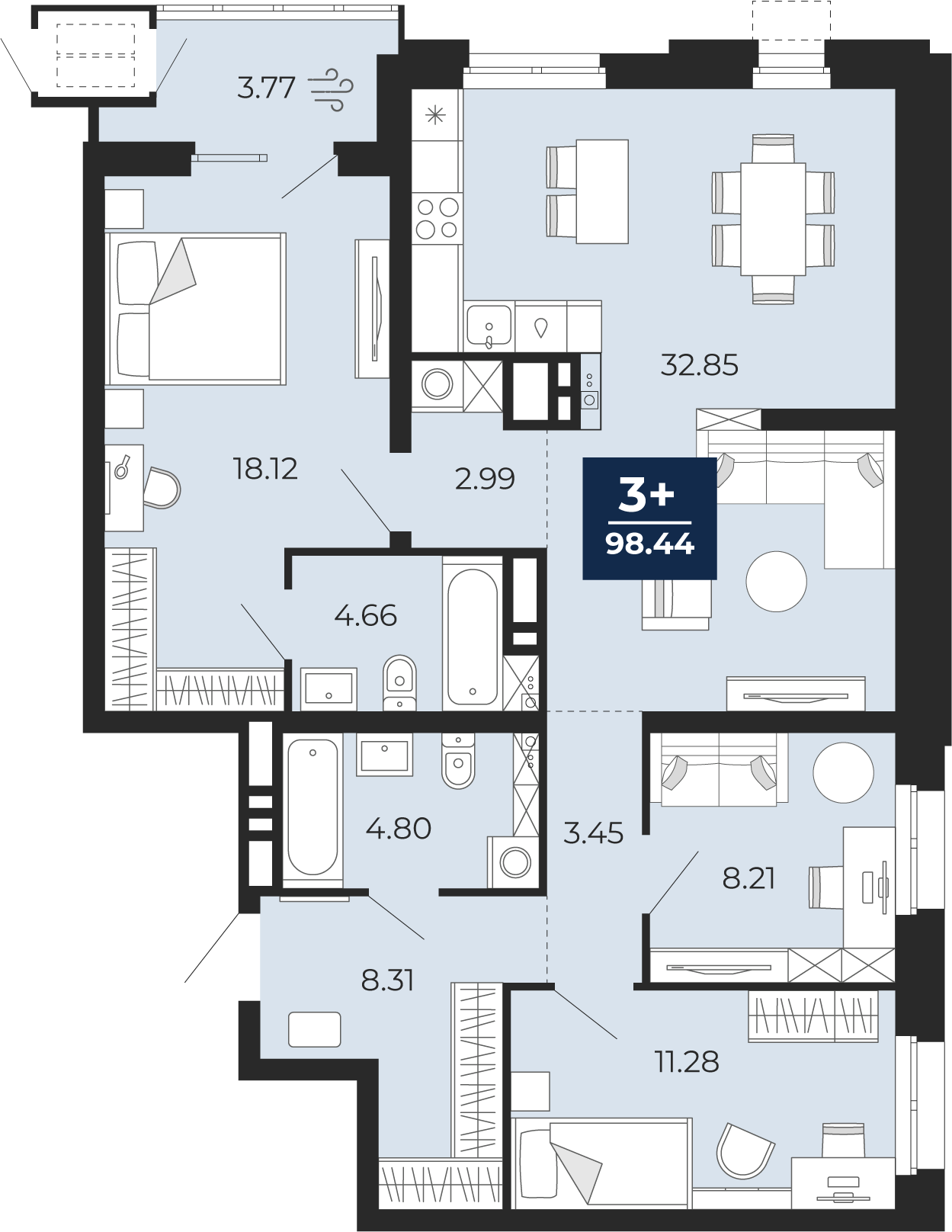 Планировка: 4-комнатная евро 98.4 м² в ЖК Мириады, Мыс