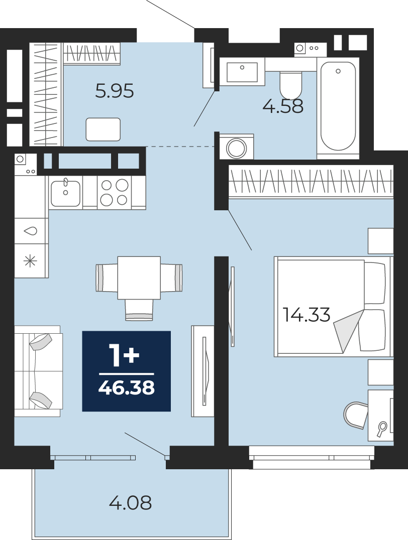 Планировка: Евродвушка 46.4 м² в ЖК Прео, Тюменская слобода