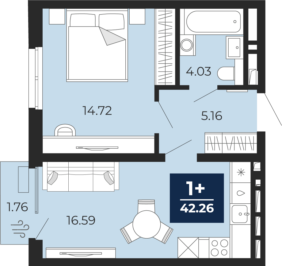 Планировка: Евродвушка 42.3 м² в ЖК Беринг, Лесобаза