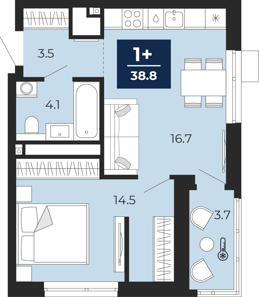 Планировка: Евродвушка 43.2 м² в ЖК Мириады, Мыс