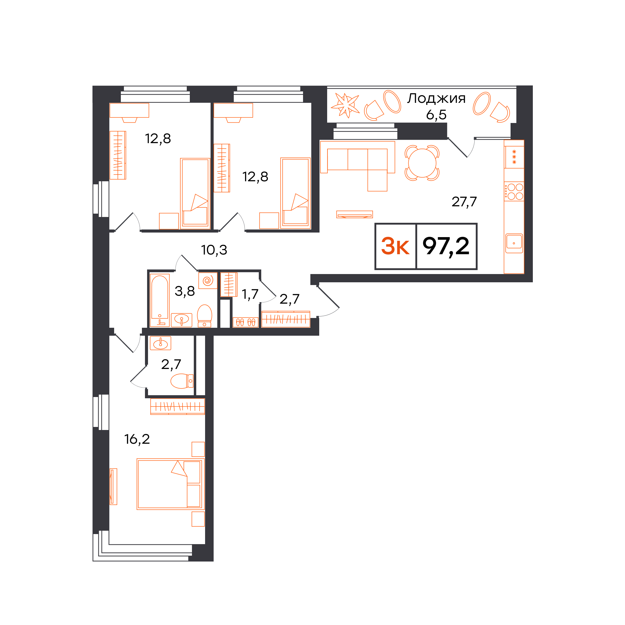 Планировка: 4-комнатная евро 97.2 м² в ЖК Отличие, Комарово Парк
