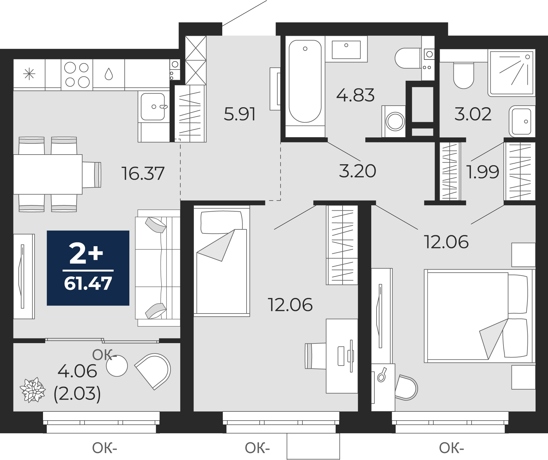 Планировка: Евротрешка 63.5 м² в ЖК Прео, Тюменская слобода