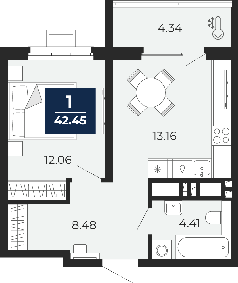 Планировка: Евродвушка 42.5 м² в ЖК Беринг, Лесобаза