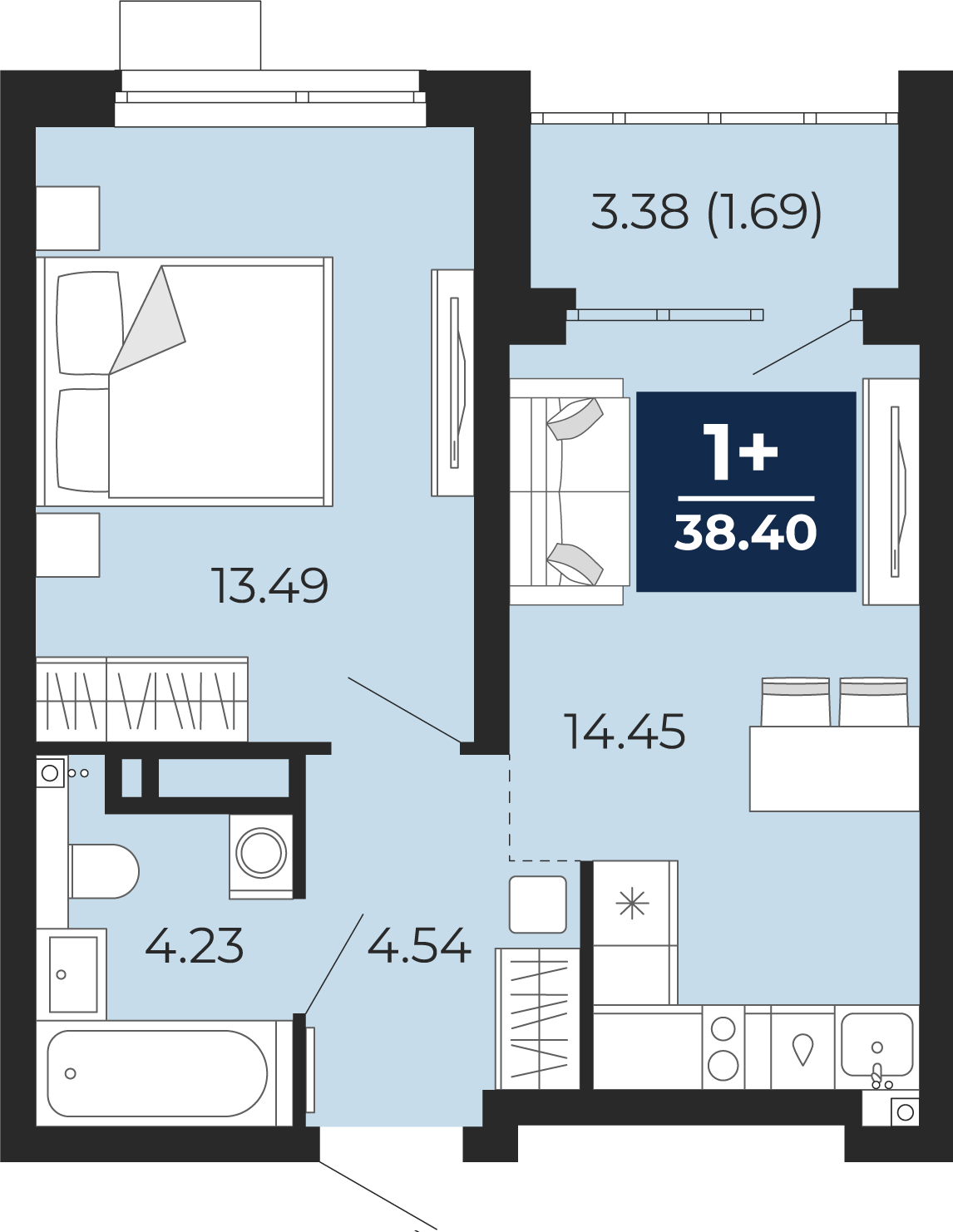 Планировка: Евродвушка 40.1 м² в ЖК Прео, Тюменская слобода