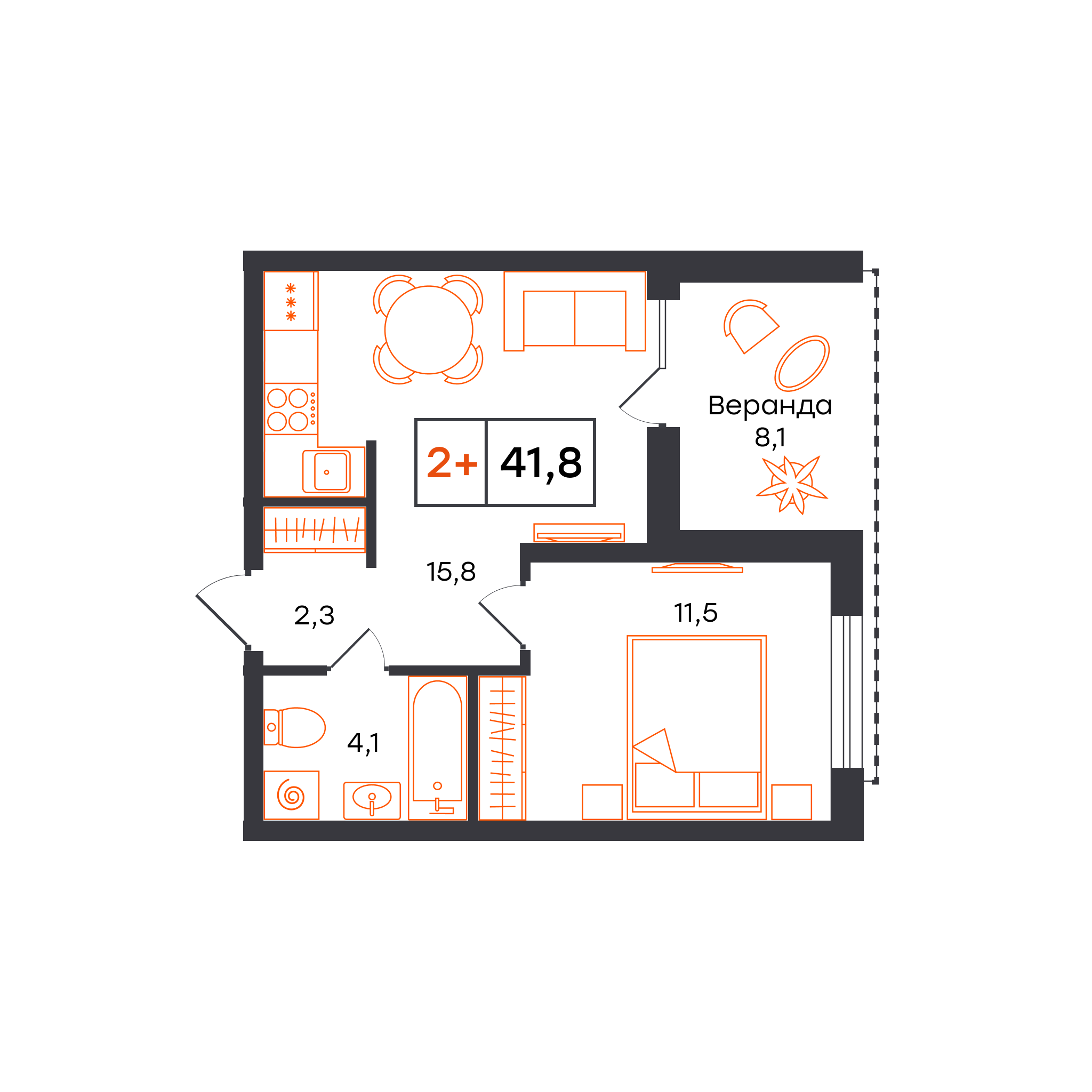 Планировка: Евродвушка 41.8 м² в ЖК Чемпионский, Чемпионский