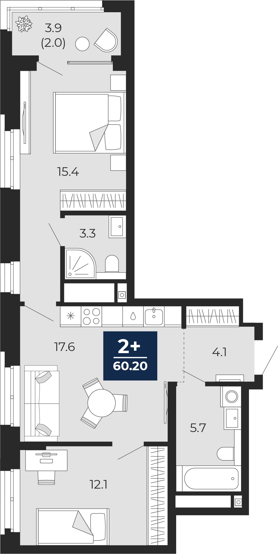 Планировка: Евротрешка 62.1 м² в ЖК Мириады, Мыс