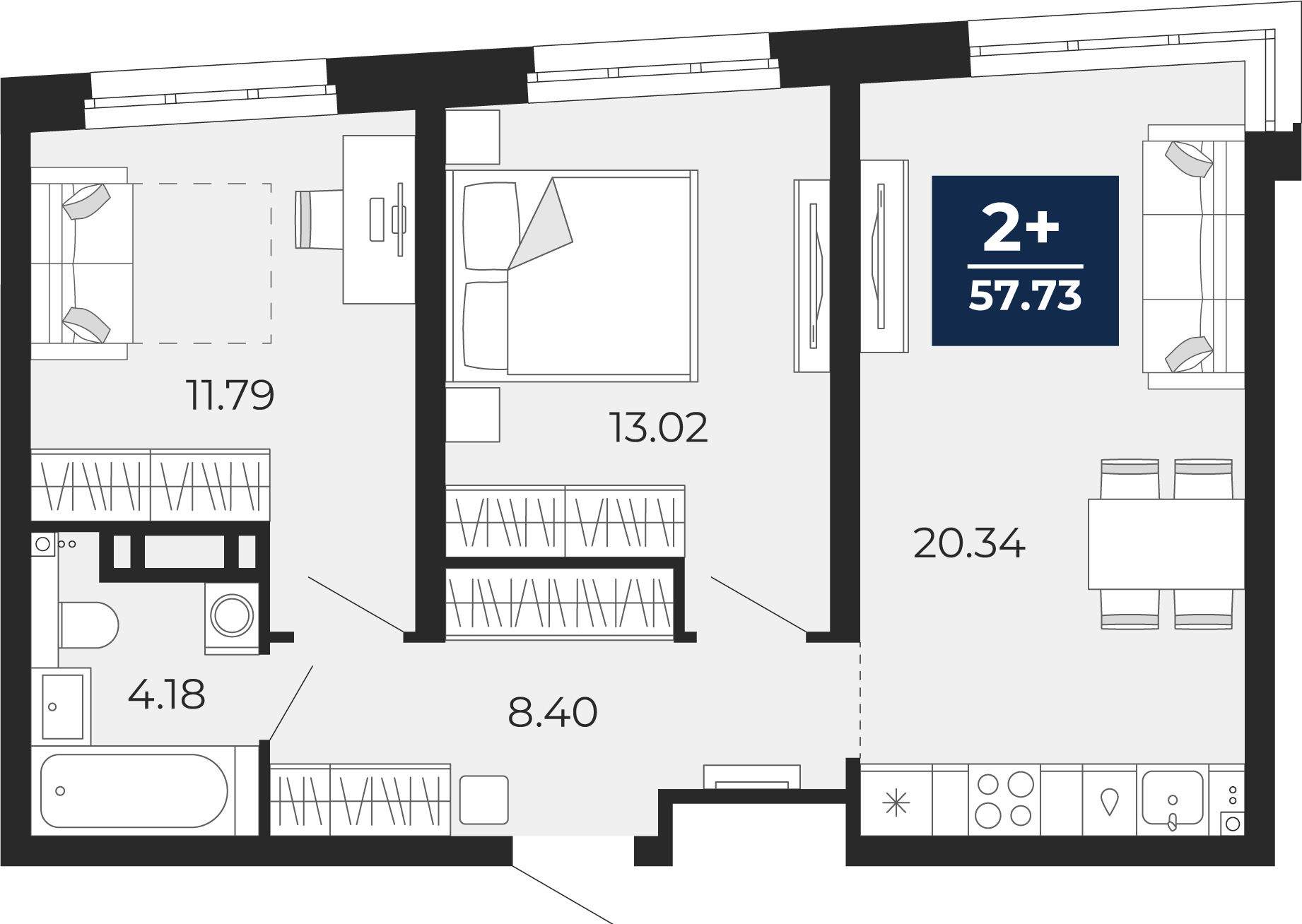 Планировка: Евротрешка 57.7 м² в ЖК Прео, Тюменская слобода