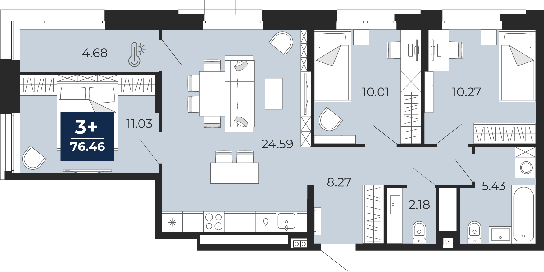 Планировка: 4-комнатная евро 76.5 м² в ЖК Мириады, Мыс