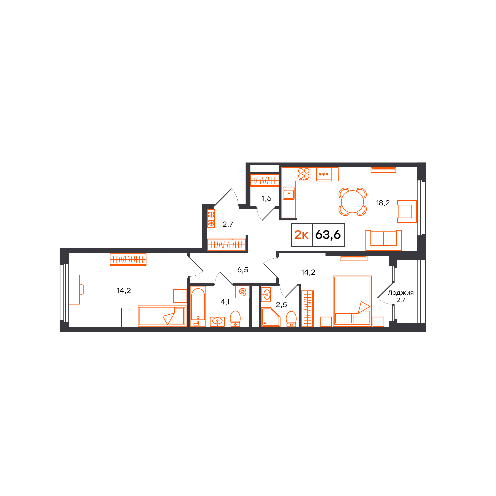 Планировка: Евротрешка 63.6 м² в ЖК Отличие, Комарово Парк
