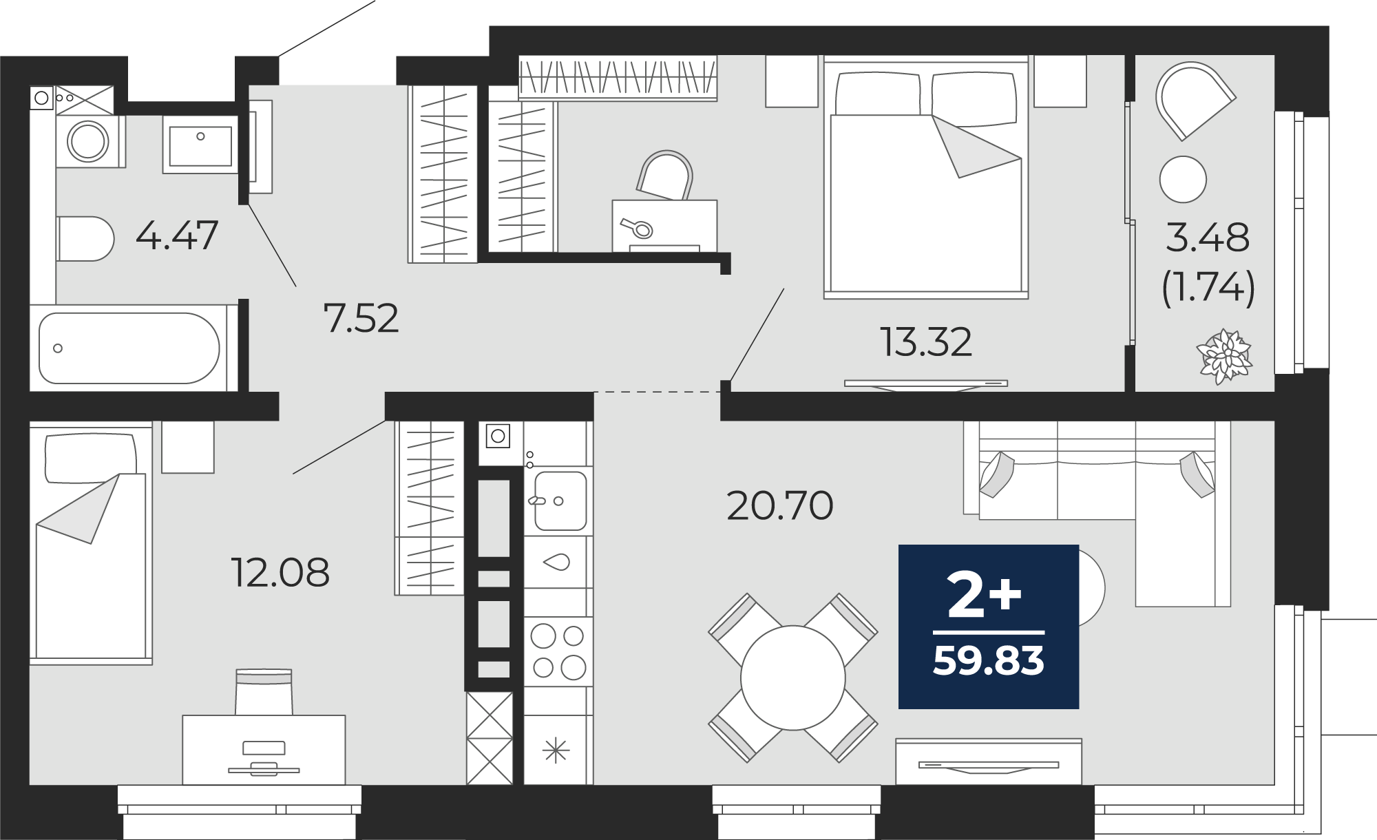Планировка: Евротрешка 61.6 м² в ЖК Прео, Тюменская слобода