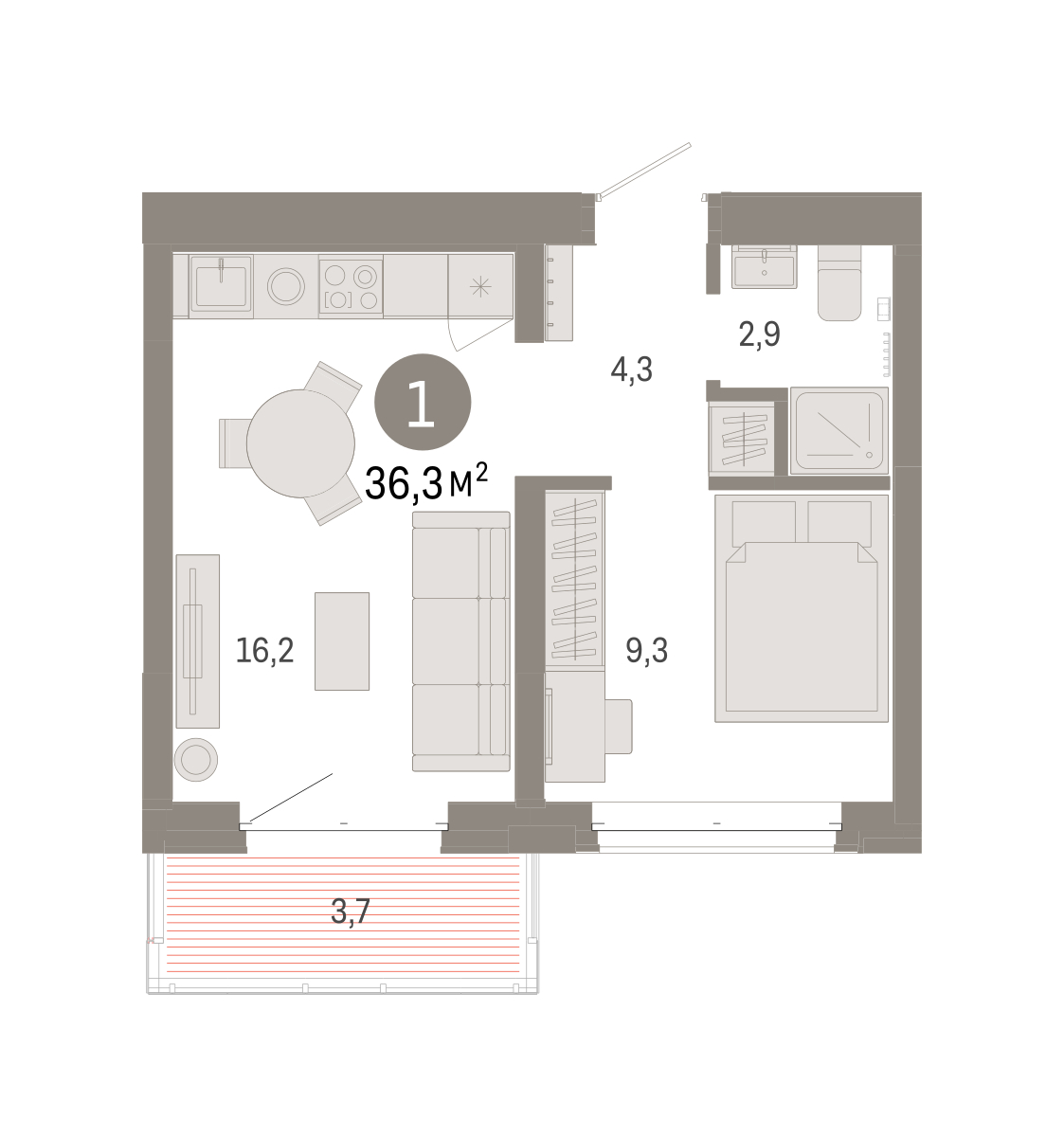 Планировка: 1-комнатная 36.3 м² в ЖК На Минской, Центр: Драмтеатр